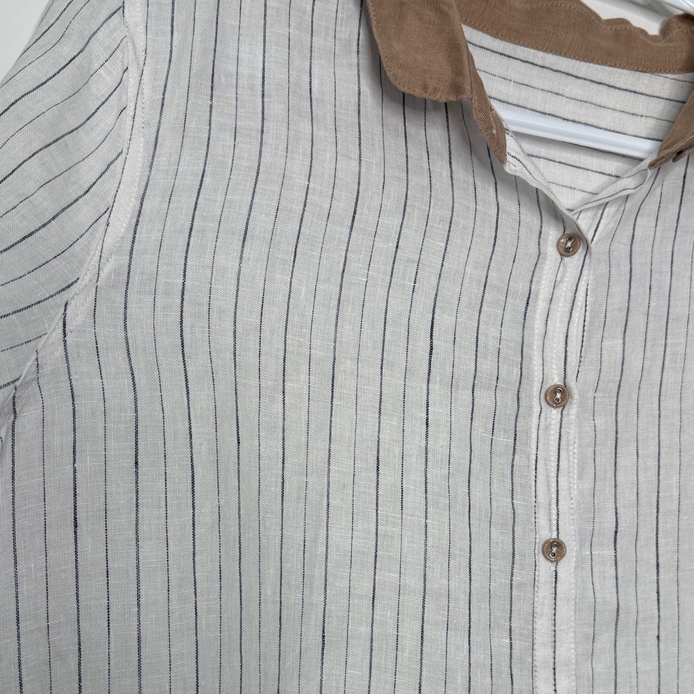 100% linen Striped White and Brown Button-Up Shirt - Picture 6 of 11